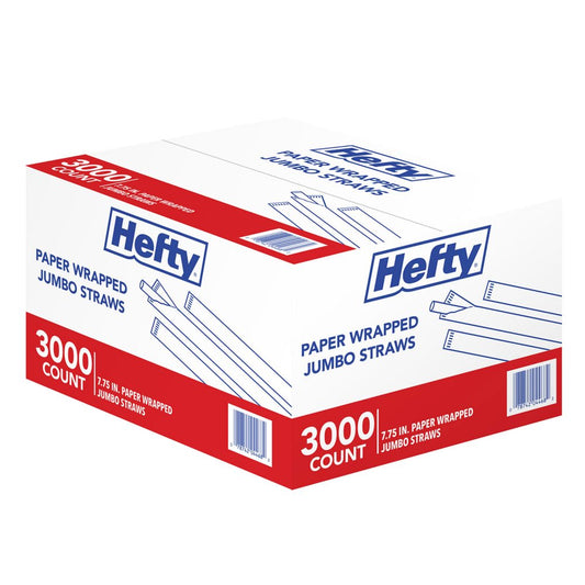 Hefty Jumbo Translucent Wrapped Plastic Straws, 7.75", 3, 000 ct.
