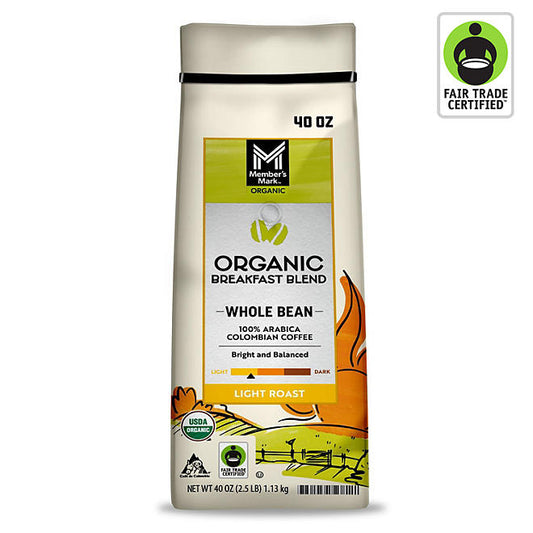 Member's Mark Organic Fair Trade Certified Whole Bean Coffee, Breakfast Blend (40 oz.)