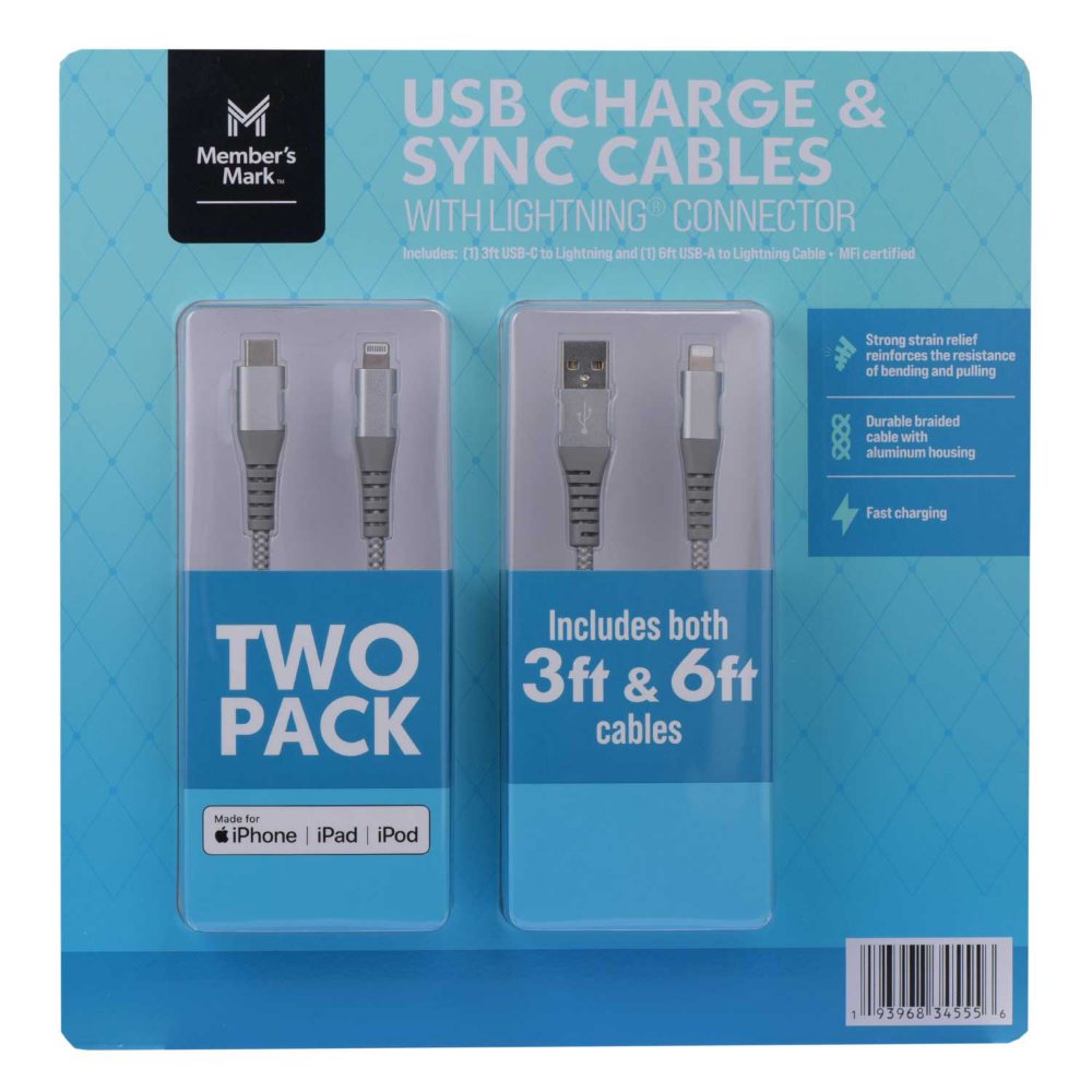 Member's Mark Apple USB Lightning 3ft and 6ft Cables (2 pk.)