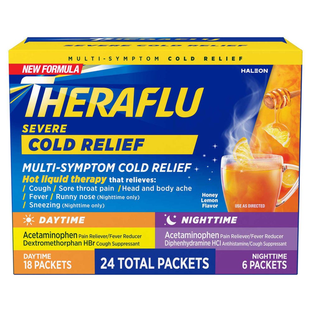 Theraflu MultiSymptom Severe Cold Relief Medicine/Nighttime Severe Cold and Cough Relief Medicine Powder, 24 Packets