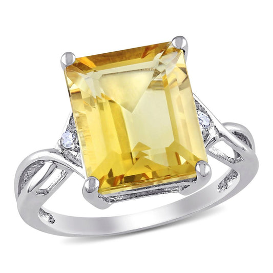 Emerald Cut Citrine and White Topaz Cocktail Ring in Sterling Silver