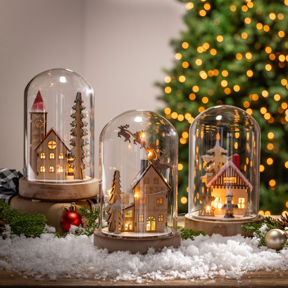 Pre-Lit Holiday Scene Glass Domes, Set of 3
