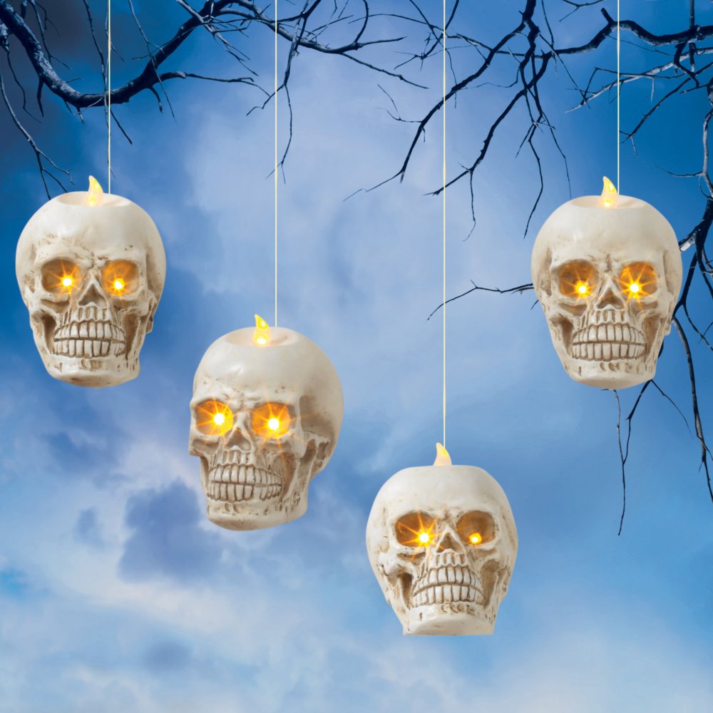 Pre-Lit Resin Hanging Skulls, Set of 4