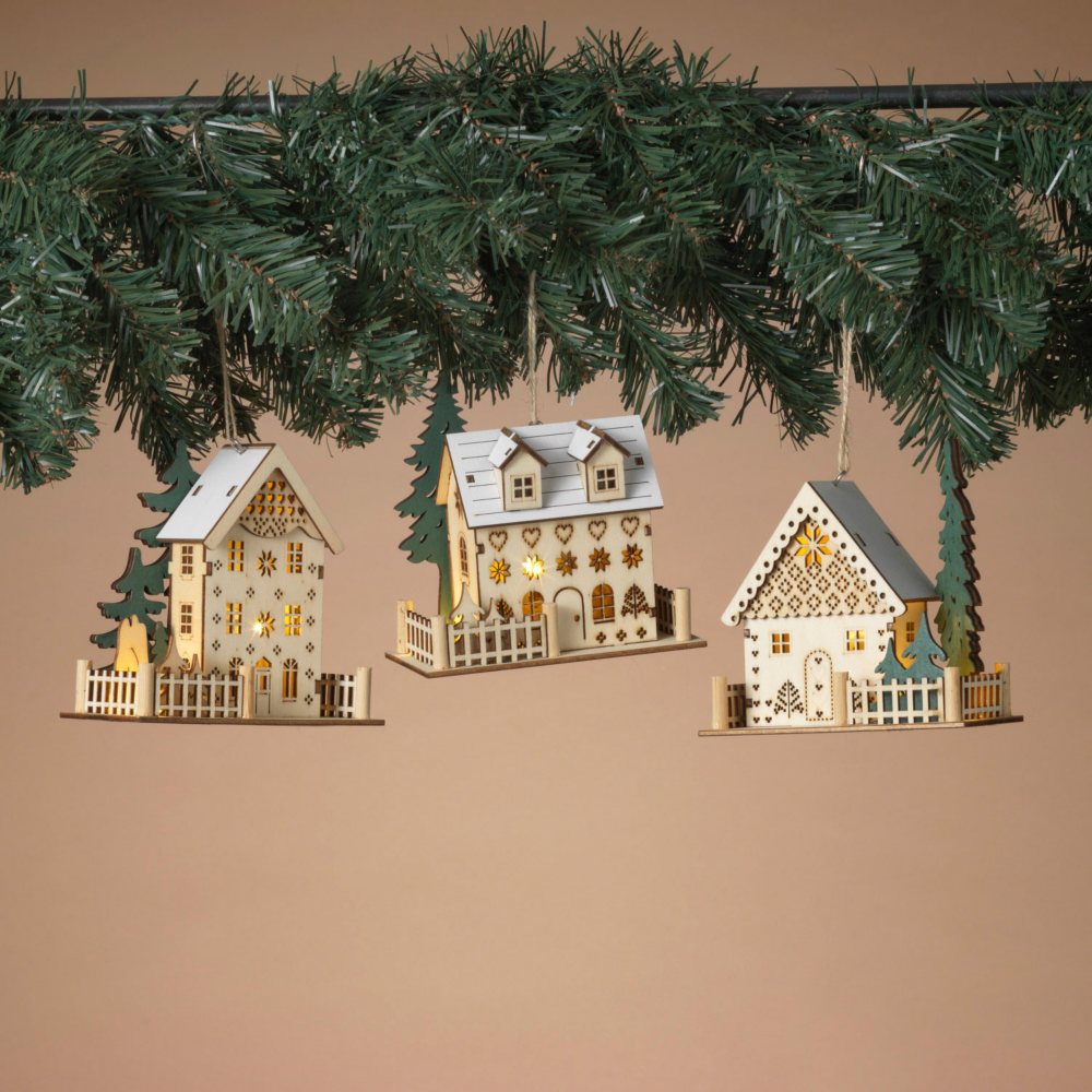 Pre-Lit 4.25" Laser Cut Wooden Village Home Ornaments, Set of 3