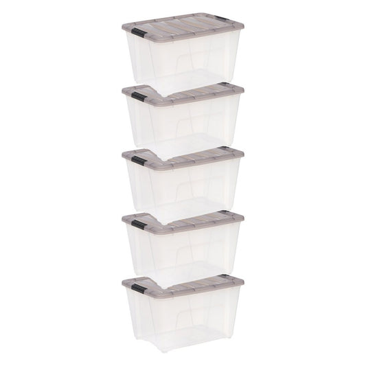 IRIS USA, Stack & Pull 53 Quart Clear Plastic Storage Boxes with Buckles, 16.50" W x 22" L x 13.03" H, 5 Piece Set