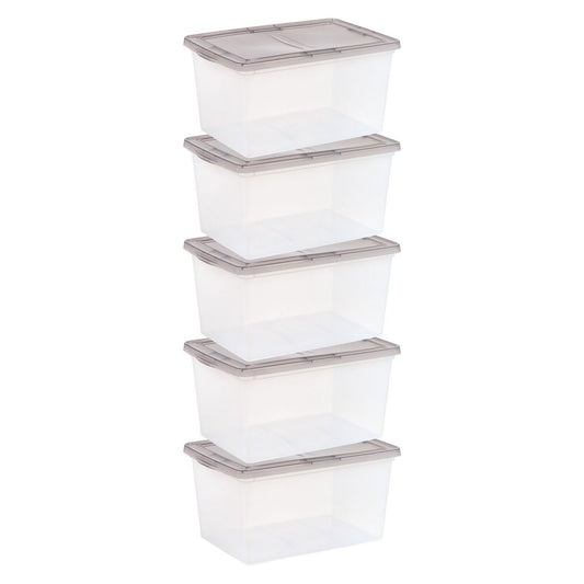 IRIS USA 58-Quart Snap Top Plastic Storage Box, Clear with Gray Lid, Set of 5