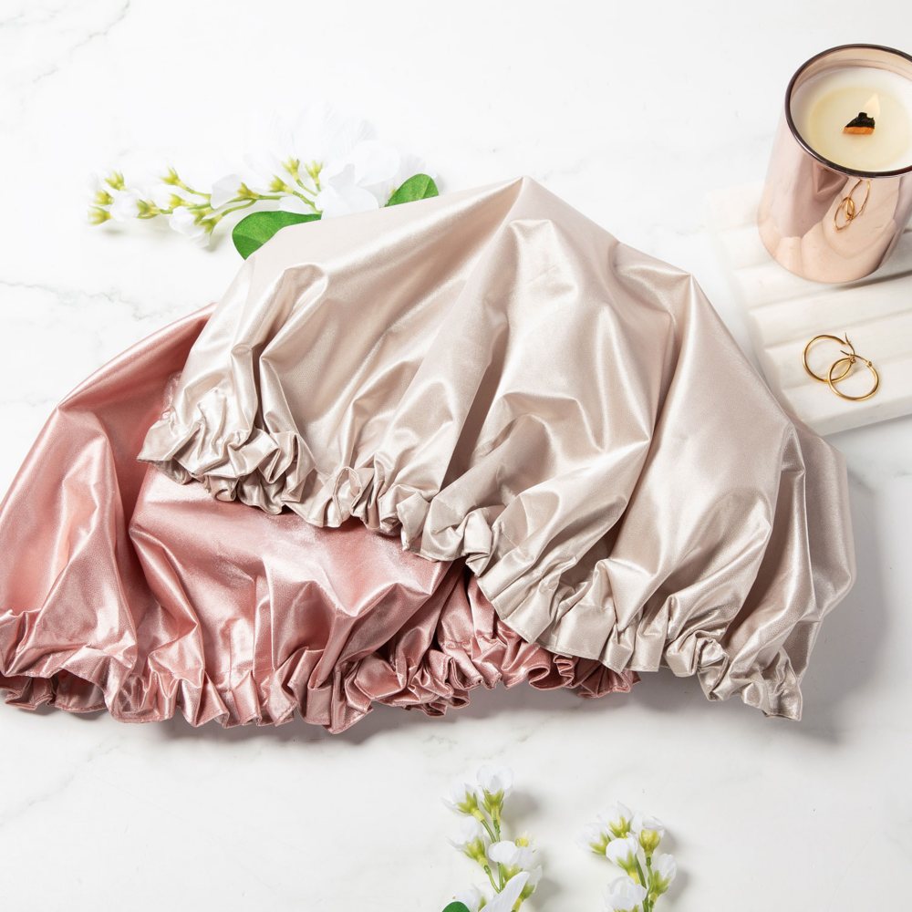 Mend Satin Shower Cap & Sleep Bonnet, Champagne & Blush, 2 pk.