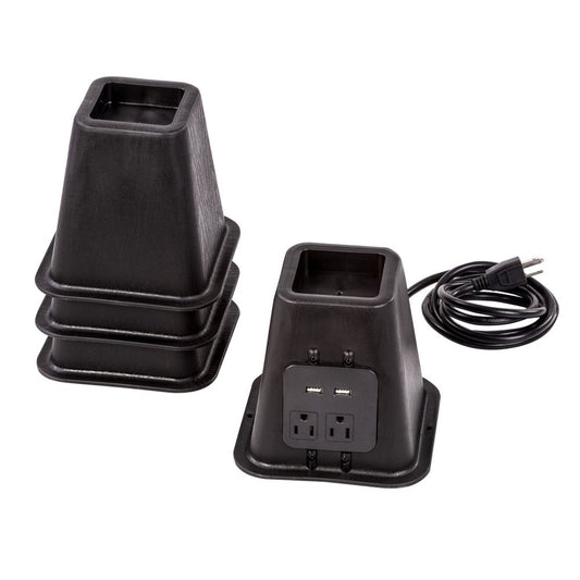 Black Bed Risers with Power Outlets & USB Ports, 5.5", Set of 4