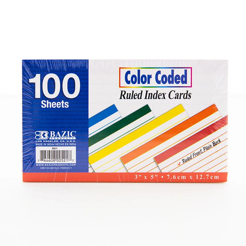 100Ct 3X5In Index Cards Color Coded Ruled (Pack of 12) - Index Cards - Bazic Products