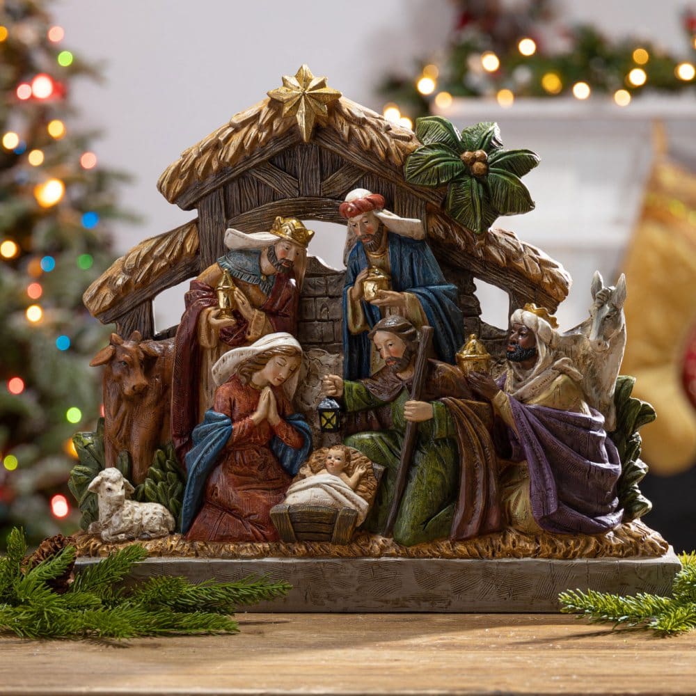17.7 Lighted Resin Nativity Stable with Figurines - Indoor Christmas Decor - ShelHealth