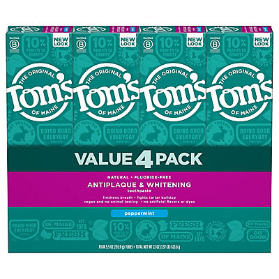 Tom's of Maine Antiplaque and Whitening Fluoride-Free Peppermint Toothpaste, 4 pk./5.5 oz.