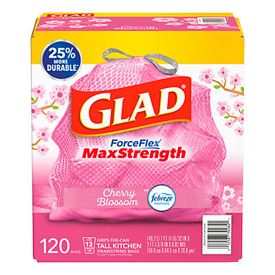 Glad ForceFlex MaxStrength Tall Trash Bags, Cherry Blossom with Febreze Freshness, 120 ct./13 gal.