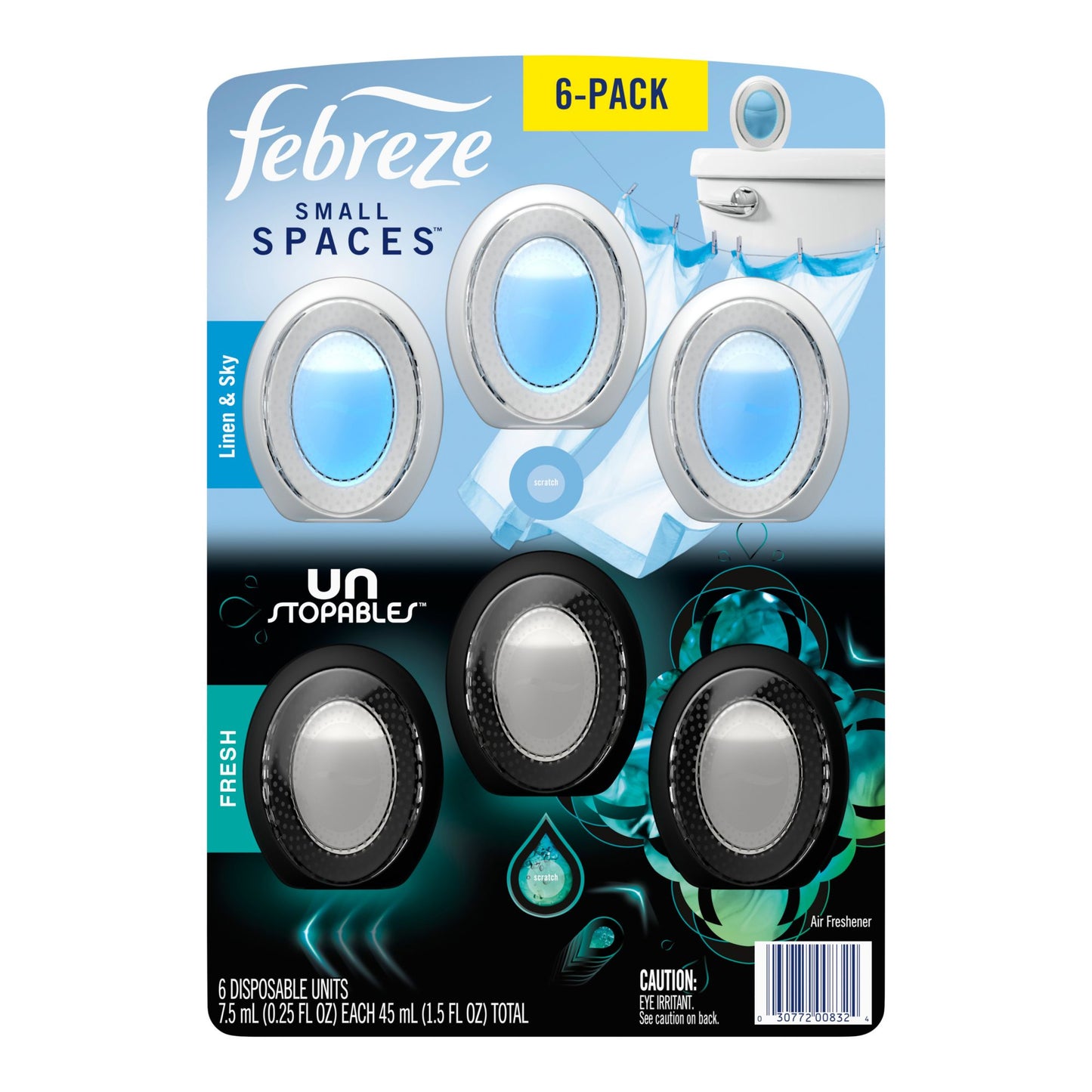 Febreze Odor-Eliminating Small Spaces Air Freshener, Linen & Sky, 3 ct. + Unstopables Fresh, 3 ct. = Total 6 ct.