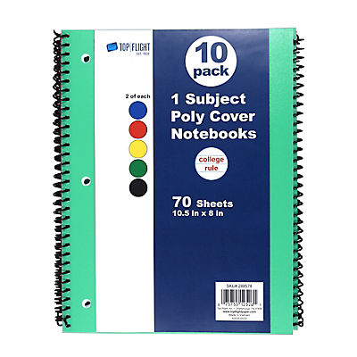 Top Flight 1-Subject Poly Cover Notebooks, 10 pk. - Assorted