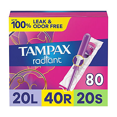 Tampax Radiant Tampons Trio Pack with LeakGuard Braid, Lite/Regular/Super Absorbency, 80 ct. - Unscented