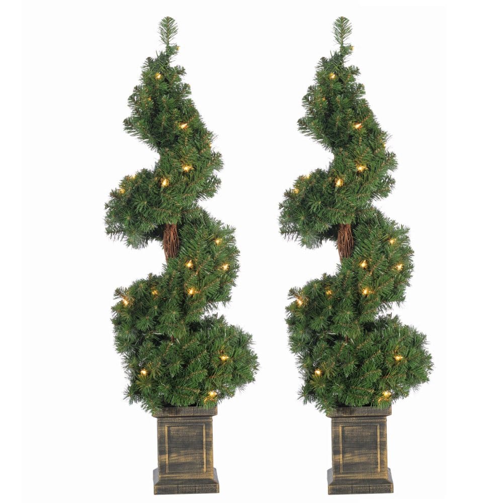 3.5’ Pre-Lit Potted Spiral Trees (Set of 2) - Wreaths Garlands & Topiary - 3.5’
