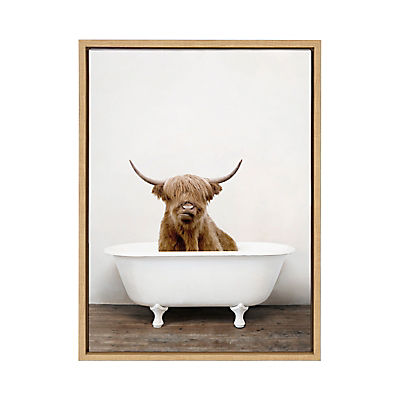 Kate and Laurel Sylvie Highland Cow in Tub Color Framed Canvas Wall Art by Amy Peterson, 18x24 Natural