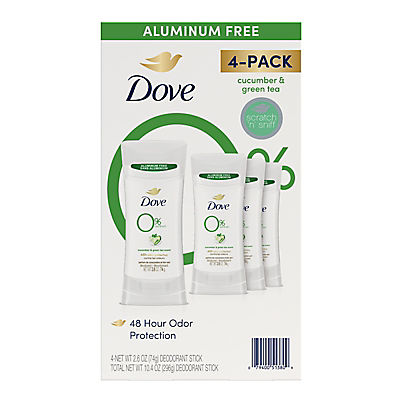 Dove 0% Aluminum Deodorant Stick - Cucumber and Green Tea, 4 pk./2.6 oz.