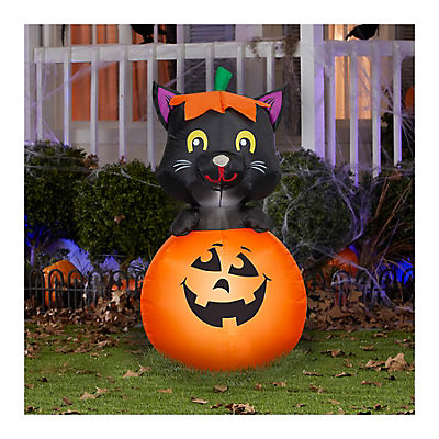 Gemmy Airblown Black Cat in Jack-O-Lantern