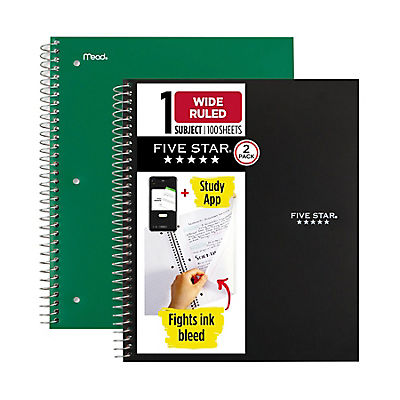 Five Star Wirebound Notebook Plus Study App, Wide Ruled, 2 pk., Black/Green