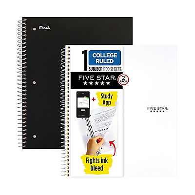 Five Star Wirebound Notebook Plus Study App, College Ruled, 2 pk., Black/White
