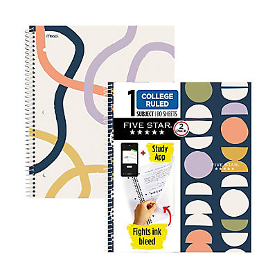 Five Star Wirebound Notebook Plus Study App, College Ruled, 2 pk., Simple Waves