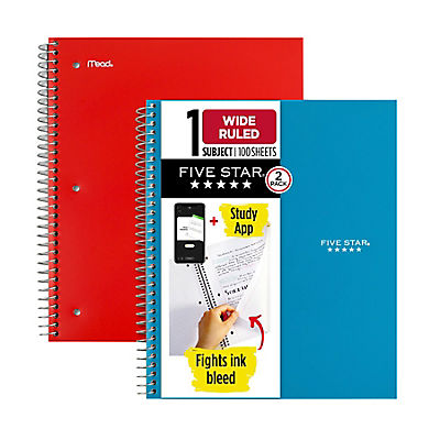 Five Star Wirebound Notebook Plus Study App, Wide Ruled, 2 pk., Blue/Red