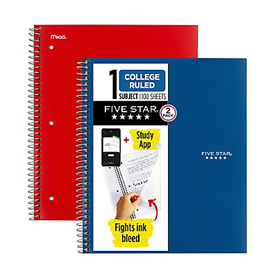 Five Star Wirebound Notebook Plus Study App, College Ruled, 2 pk., Blue/Red