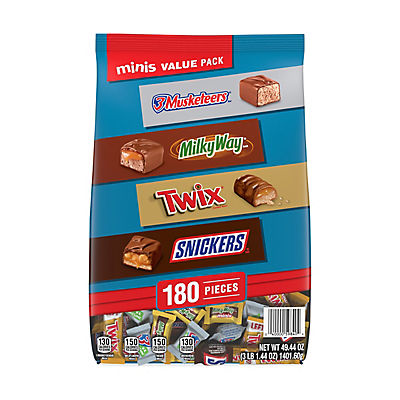Twix, Snickers, Milky Way & 3 Musketeers Milk Chocolate Mini Candy Bars Variety Pack, 180 ct.