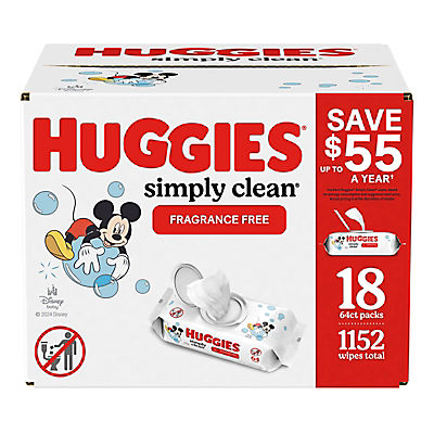 Huggies Simply Clean Unscented Baby Wipes, 18 Flip-Top Packs (1152 Wipes Total)