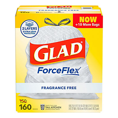 Glad ForceFlex Tall Kitchen Drawstring Trash Bags - Fragrance Free, 160 ct./13 gal.