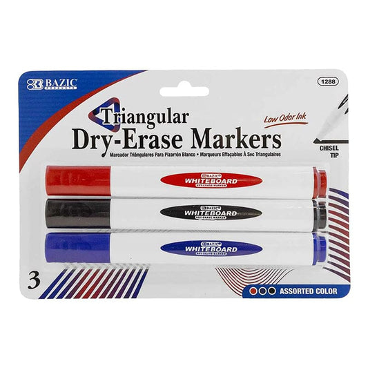 3Ct Asst Colrs Dry Erase Markers Triangle Chisel Tip (Pack of 12) - Markers - Bazic Products
