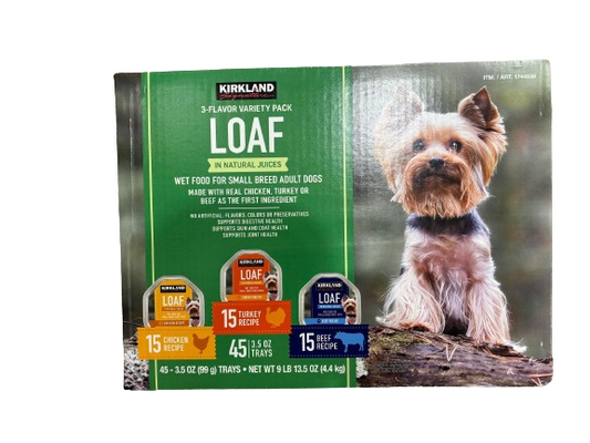 Kirkland Signature Wet Dog Food Loaf, 3-Flavor Variety Pack, 45 x 3.5 oz.