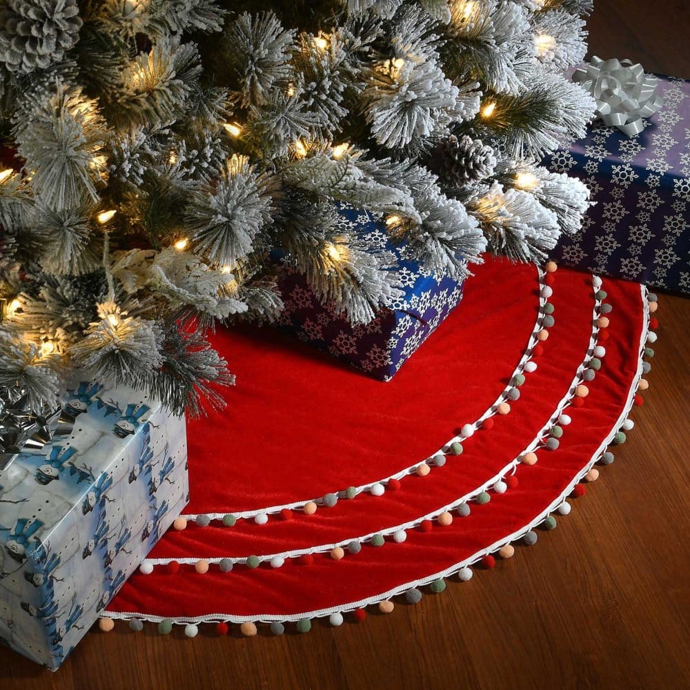 48 General Store Collection Red Velvet Tree Skirt with Pom Poms - Cozy Christmas - 48