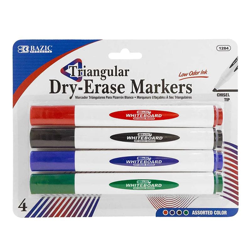 4Ct Asst Colors Dry Erase Markers Triangle Chisel Tip (Pack of 12) - Markers - Bazic Products