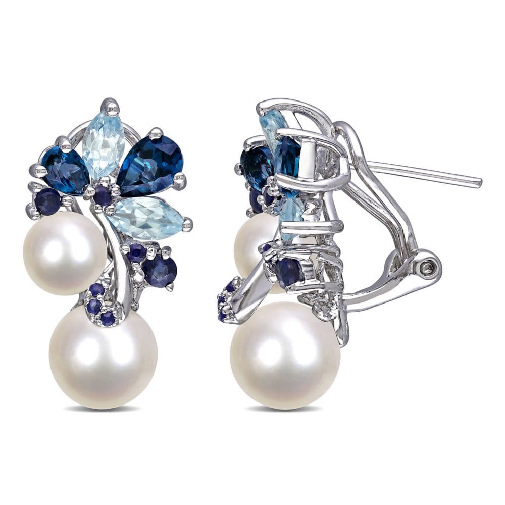 6-8.5 mm Round Freshwater Cultured Pearl with Blue Topaz and Sapphire Earrings in Sterling Silver - Blue Topaz - 6-8.5