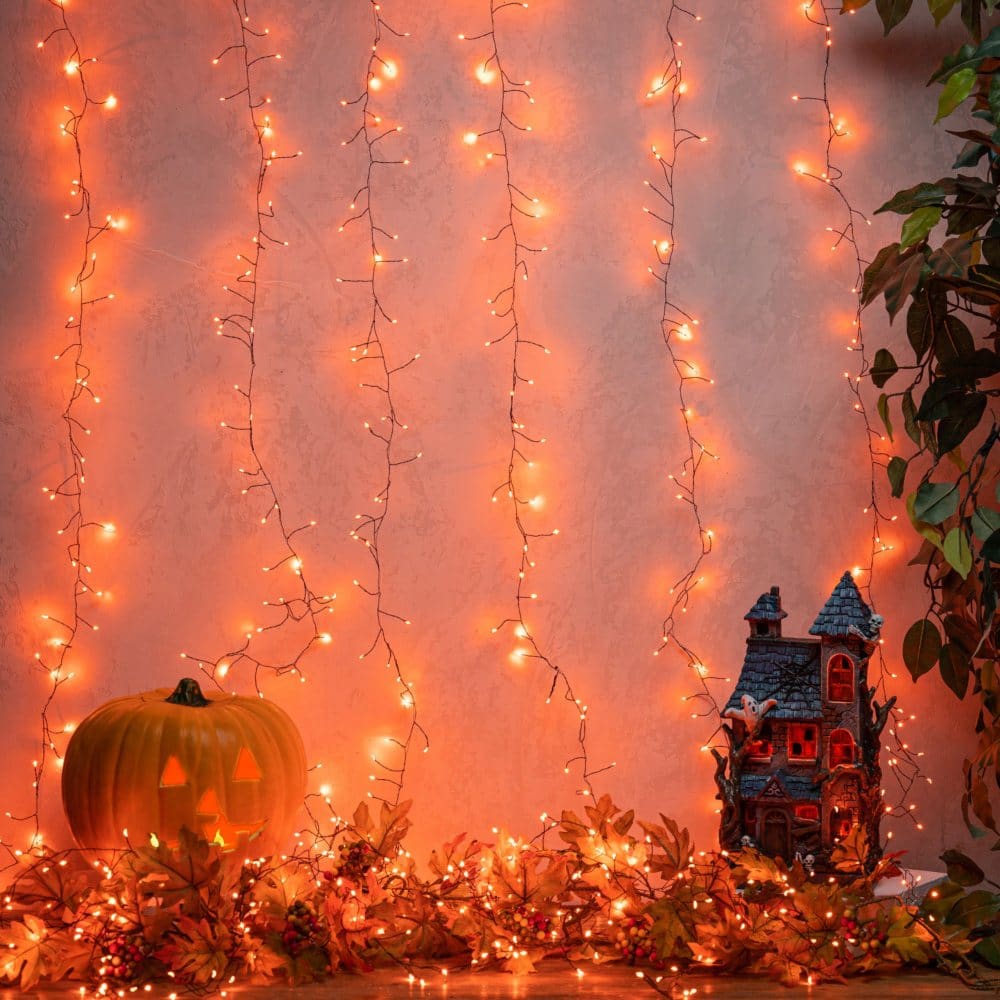 6’ Orange Firecracker Curtain Light String with 600 LED Lights - Fall Decor - 6’
