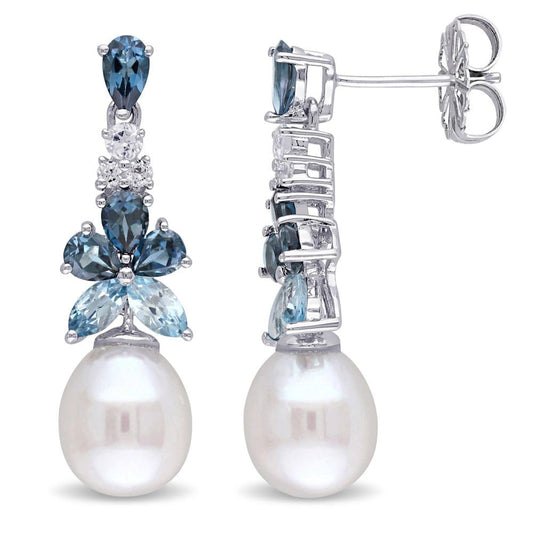 8.5-9 MM Freshwater Cultured Pearl Blue and White Topaz Drop Earrings in Sterling Silver - Blue Topaz - ShelHealth