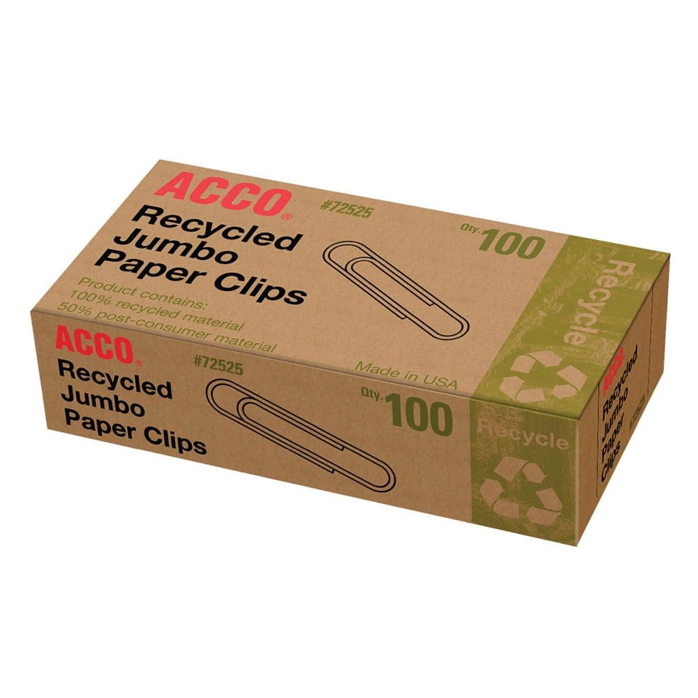 ACCO Recycled Paper Clips 90% Recycled Smooth Jumbo 100/Box 8 Pack - Desk Accessories & Office Supplies - ACCO