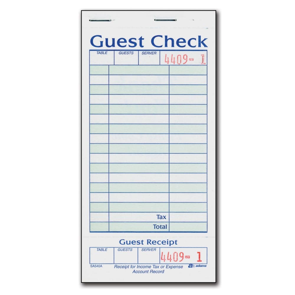 Adams 1-Part Guest Check with Stub - 50 Checks/book - 20 pk. - Receipt & Sales Books - Adams