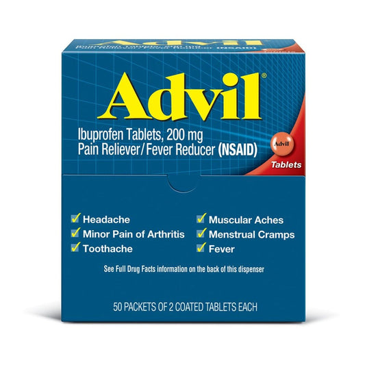 Advil Pain Reliever / Fever Reducer Coated Tablet 200 mg. Ibuprofen (50 pk. 2 tablets/pk.) - HSA & FSA - Medicine Cabinet - Advil