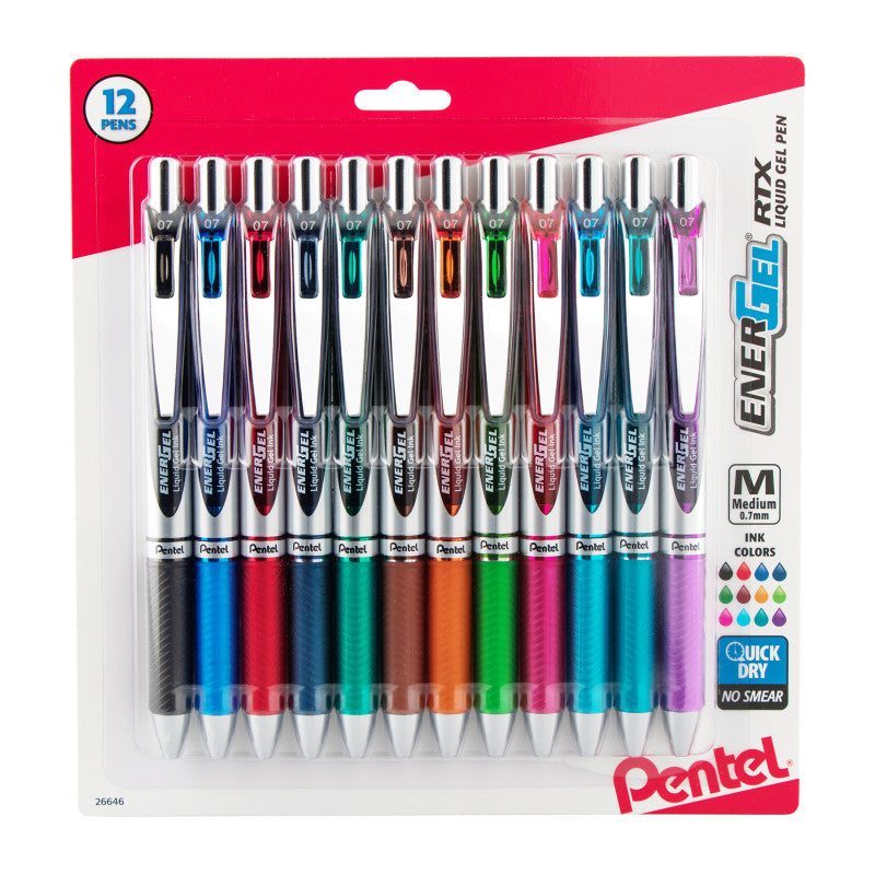 Energel Rtx Retract Gel Pen Asst 12Pk 0.7Mm Metal Tip