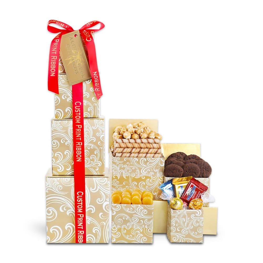Alder Creek Gift Baskets Golden Decadence Holiday Tower - Custom Print (Min. order 36) - Gift Towers - ShelHealth