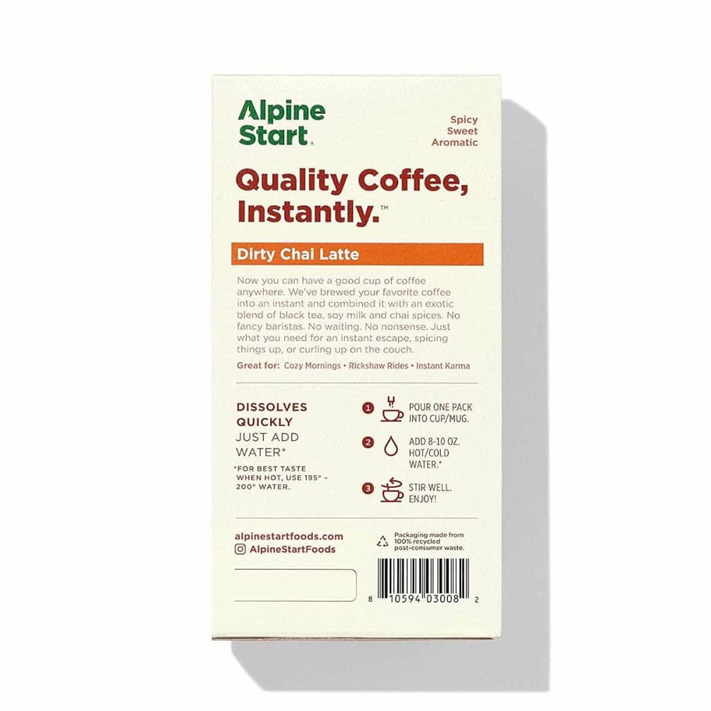 ALPINE START Grocery > Beverages > Coffee, Tea & Hot Cocoa ALPINE START: Dairy Free Dirty Chai Tea Instant Latte, 3.52 oz