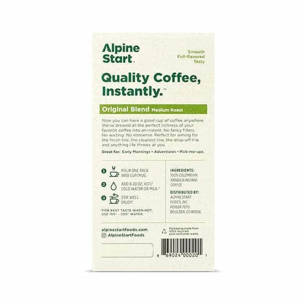 ALPINE START Grocery > Beverages > Coffee, Tea & Hot Cocoa ALPINE START: Original Blend Medium Roast Instant Coffee, 0.88 oz