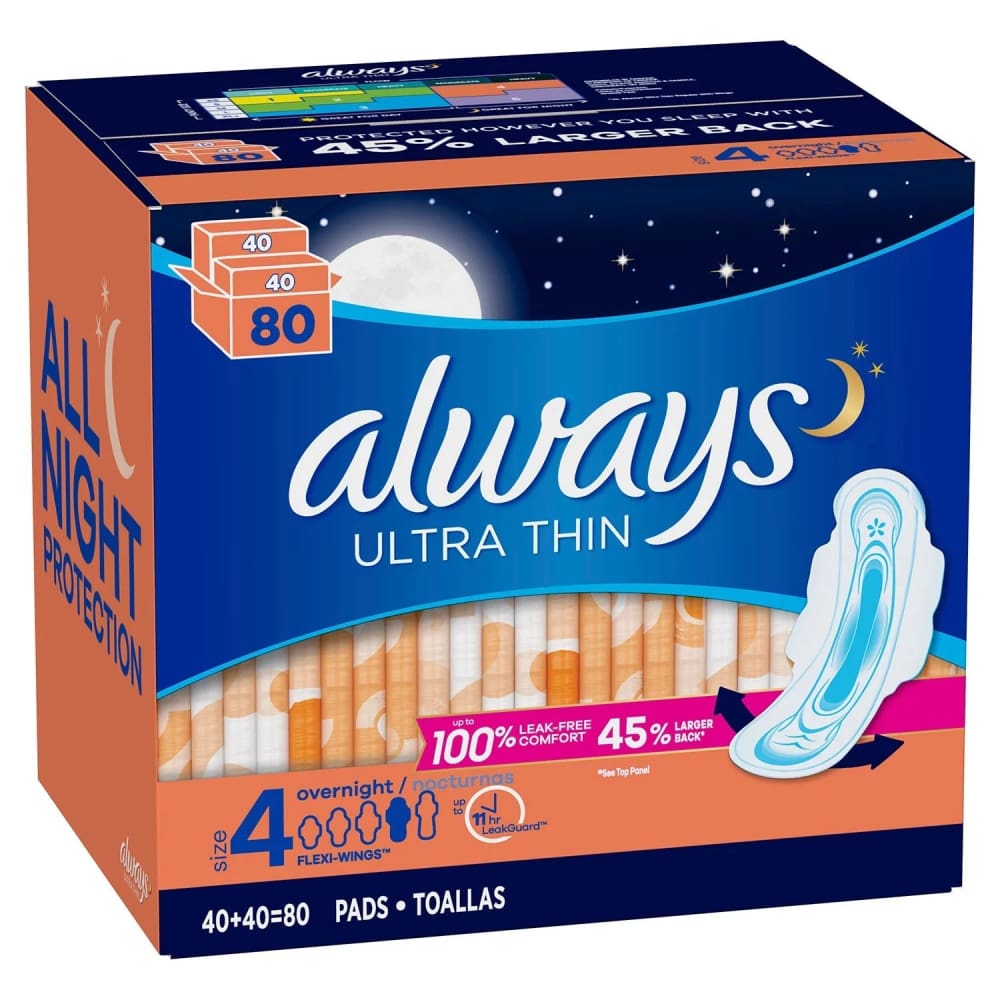 Always Ultra Thin Size 4 Overnight Pads With Wings Unscented (80 ct.) - Feminine Pads & Protectors - Always