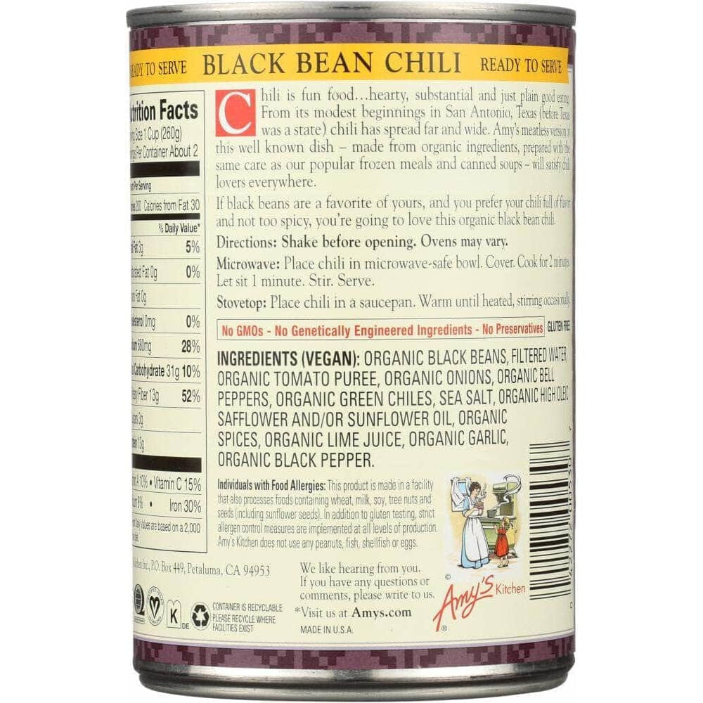 Amys Amy's Organic Chili Black Bean Low Fat Medium, 14.7 Oz