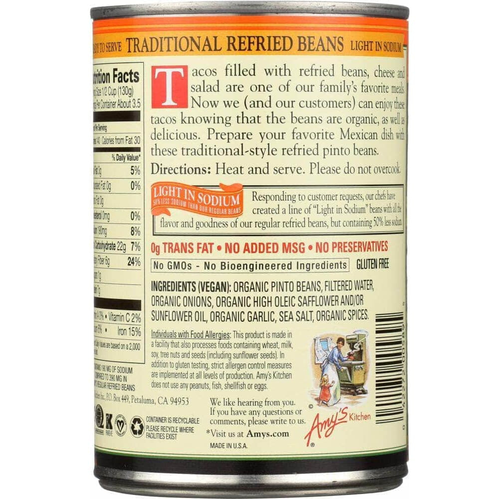 Amys Amy's Organic Refried Beans Traditional Light in Sodium, 15.4 oz