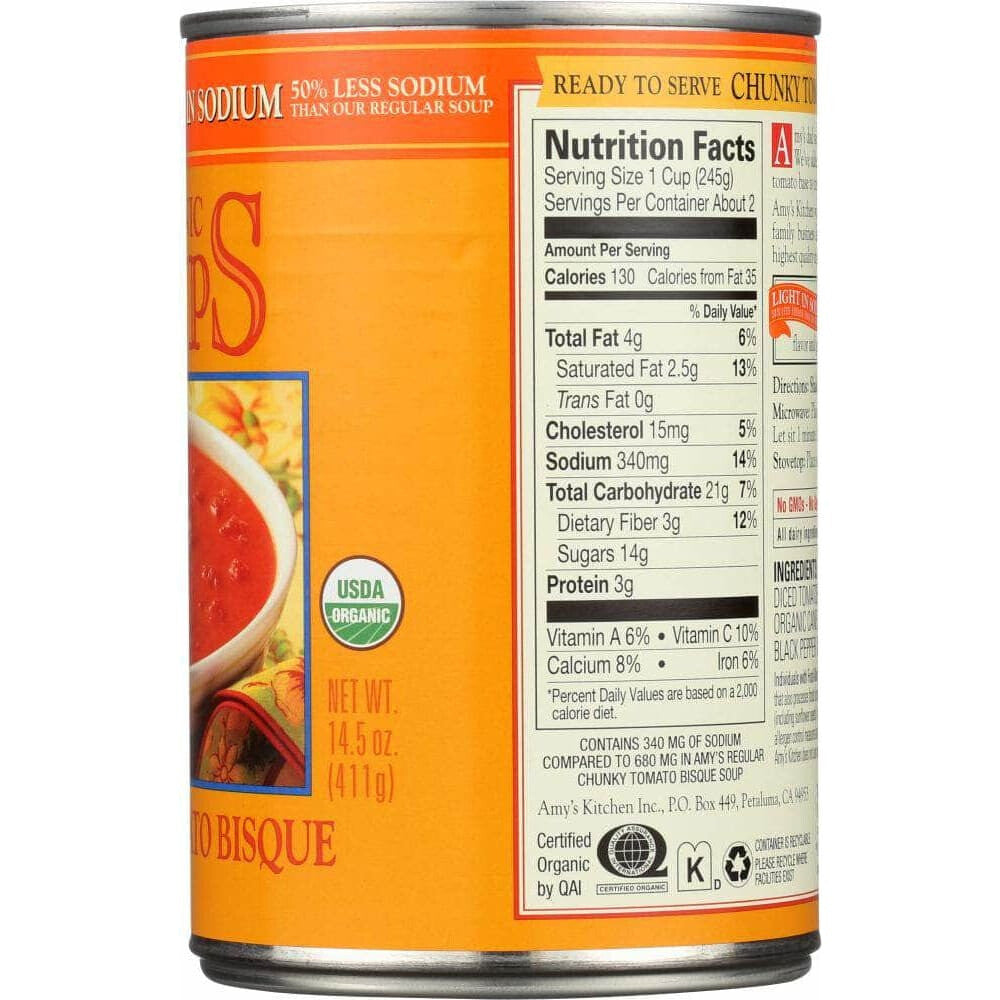 Amys Amy's Organic Soup Chunky Tomato Bisque Light in Sodium, 14.5 oz
