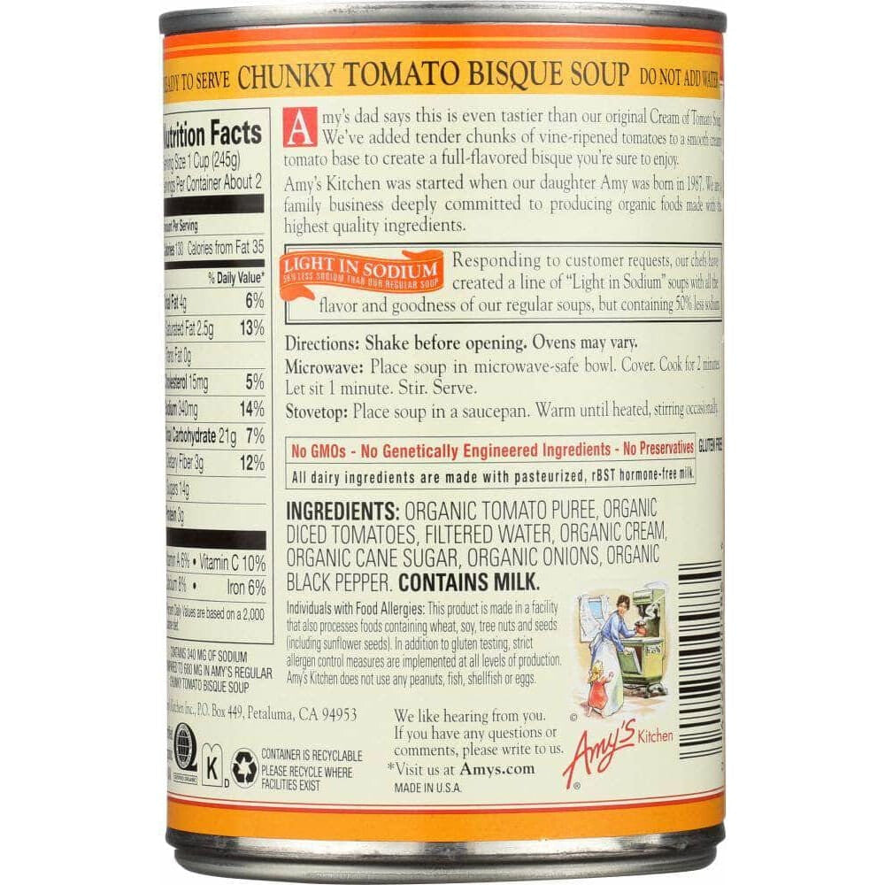 Amys Amy's Organic Soup Chunky Tomato Bisque Light in Sodium, 14.5 oz